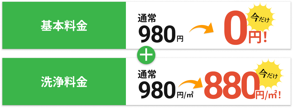 基本料金通常980円→今だけ0円!プラス洗浄料金通常980円/㎡→今だけ880円/㎡