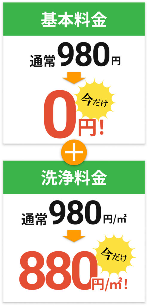 基本料金通常980円→今だけ0円!プラス洗浄料金通常980円/㎡→今だけ880円/㎡